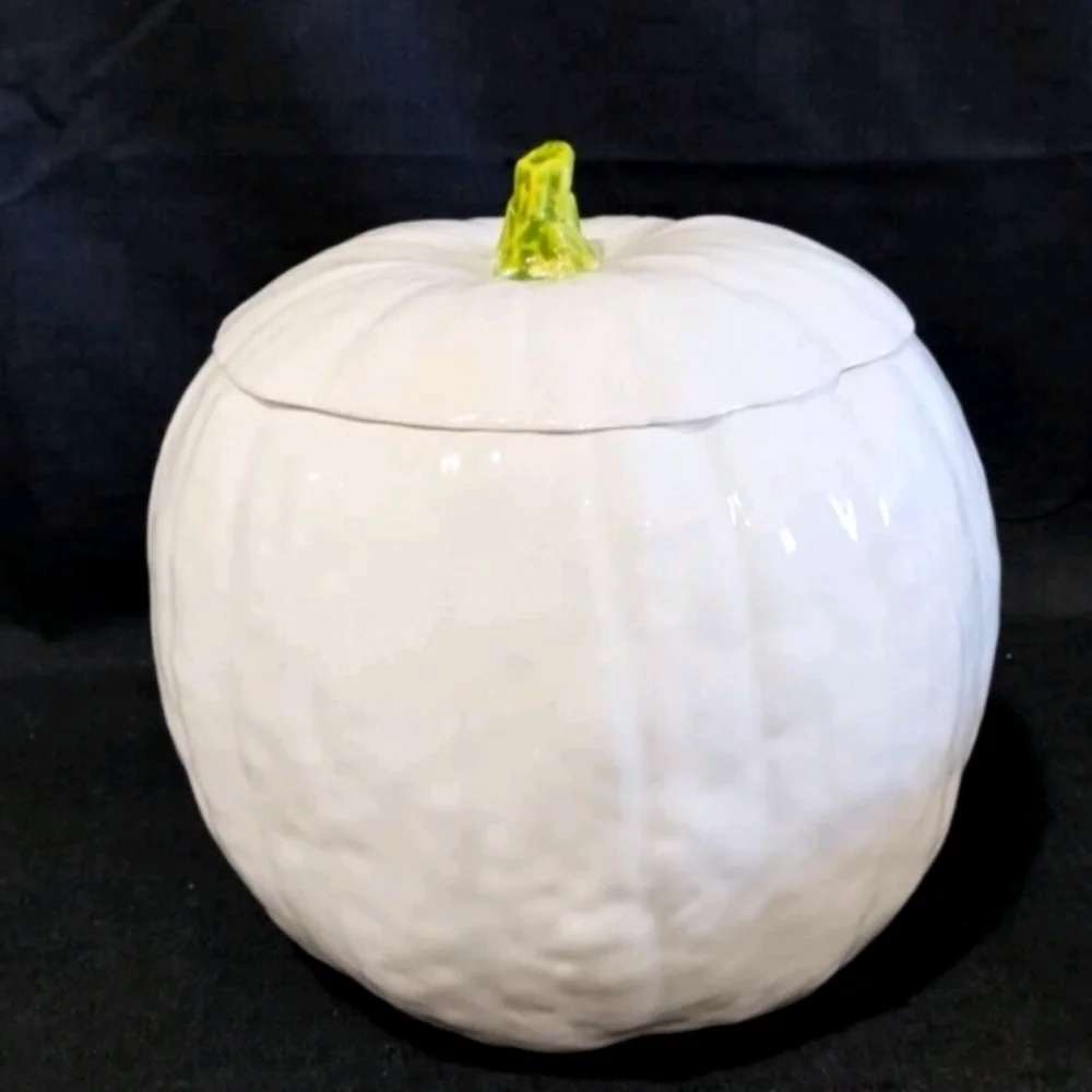 Vintage Ceramic Hand Made Glossy White Pumpkin Cookie Jar Realistic Signed Chris